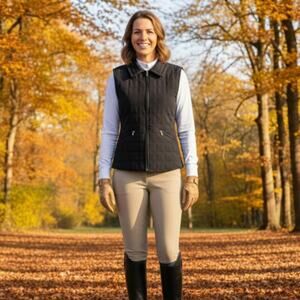 Quilted Full Zip Vest Black Puffer Jacket Window Pane Embroidered Womens L